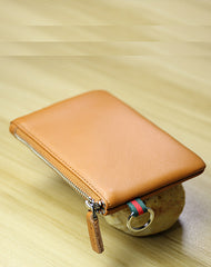 Women Coffee Leather Mini Zip Wallet with Keychain Billfold Slim Coin Wallet Small Zip Change Wallet For Women