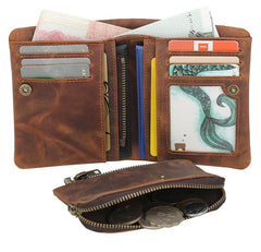 Vintage Leather Mens Bifold Small Wallet billfold Wallet Within Detachable Coin Holder for Men