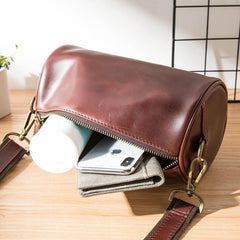 Red Brown Cool Leather Mens 8 inches Barrel Side Bag Bucket Messenger Bags Courier Bag for Men