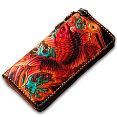 Handmade Leather Tooled Carp Mens Chain Biker Wallets Cool Leather Wallet Long Wallets for Men