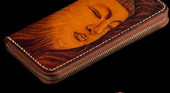 Handmade Leather Mens Tooled Buddha&Demon Chain Biker Wallet Cool Leather Wallet Long Clutch Wallets for Men