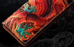 Handmade Leather Tooled Carp Mens Chain Biker Wallets Cool Leather Wallet Long Wallets for Men