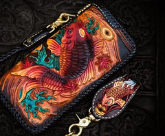 Handmade Leather Tooled Carp Mens Chain Biker Wallet Cool Leather Wallet Long Phone Wallets for Men