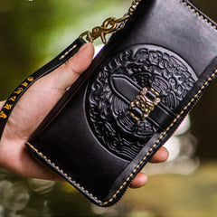 Handmade Leather Mens Tibetan Chain Biker Wallets Cool Leather Clutch Wallet Long Wallets for Men