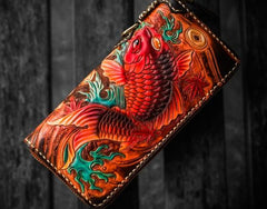 Handmade Leather Tooled Carp Mens Chain Biker Wallets Cool Leather Wallet Long Wallets for Men