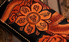 Handmade Leather Tooled Chinese Dragon Mens Chain Biker Wallet Cool Leather Wallet Zipper Long Phone Wallets for Men