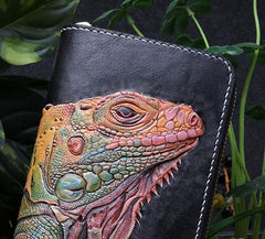 Handmade Leather Chameleon Mens Chain Zipper Biker Wallet Cool Leather Wallet Long Phone Wallets for Men