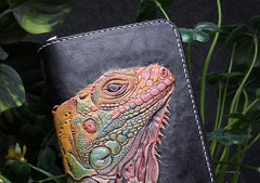 Handmade Leather Chameleon Mens Chain Zipper Biker Wallet Cool Leather Wallet Long Phone Wallets for Men