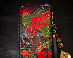 Handmade Leather Tooled Chinese Lion Mens Chain Biker Wallet Cool Leather Wallet Long Phone Wallets for Men