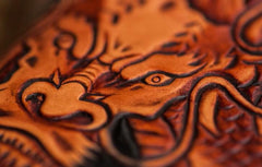 Handmade Leather Tooled Chinese Dragon Mens Chain Biker Wallet Cool Leather Wallet Zipper Long Phone Wallets for Men