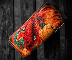 Handmade Leather Tooled Carp Mens Chain Biker Wallets Cool Leather Wallet Long Wallets for Men