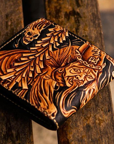 Handmade Leather Chinese Black&White Tooled Small Wallet Mens billfold Wallet Cool Leather Wallet for Men