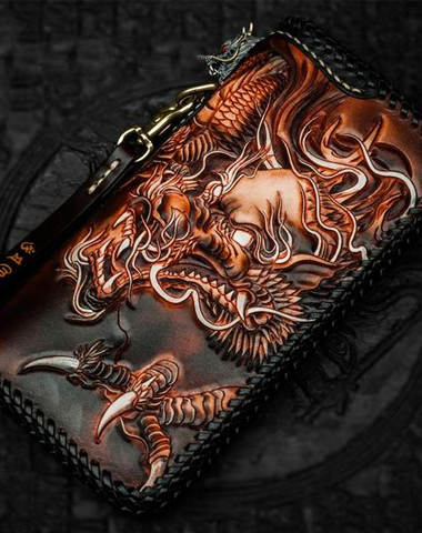 Handmade Leather Tooled Chinese Dragon Chain Wallet Mens Biker Wallet Cool Leather Wallets Long  Wallet for Men