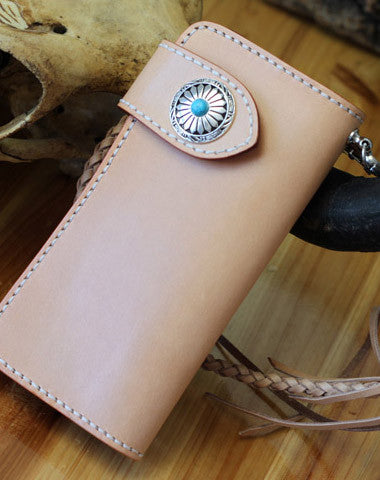 Handmade biker wallet leather beige biker wallet chain bifold Long wallet purse clutch for men - EverHandmade