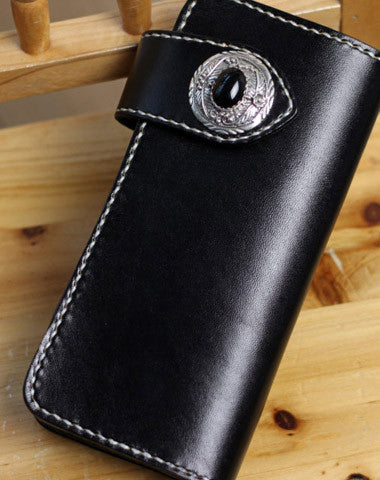 Handmade leather biker wallet black chain wallet bifold Long wallet for men - EverHandmade