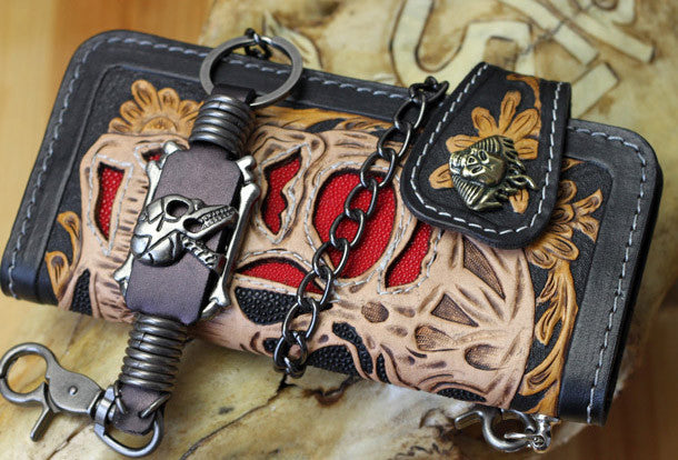 Biker long Wallet chain Genuine Leather skull scissors old school barb –  Jack's Club