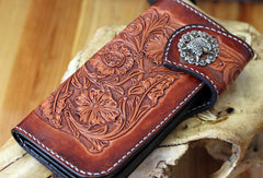 Handmade red brown leather floral eagle carved men biker wallet bifold Long wallet for men - EverHandmade