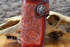 Handmade red brown leather floral eagle carved men biker wallet bifold Long wallet for men - EverHandmade