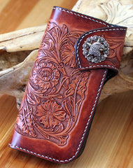 Handmade red brown leather floral eagle carved men biker wallet bifold Long wallet for men - EverHandmade