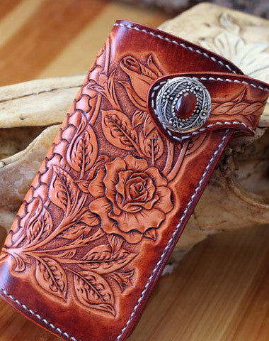 Handmade biker wallet brown leather floral rose carved men biker wallet bifold Long wallet for men - EverHandmade