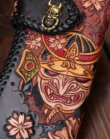 Handmade Long leather biker trucker japanese general wallet leather chain men Black Carved Tooled wallet - EverHandmade