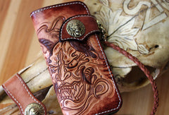 Handmade biker wallet brown leather Acala Fudo carved biker wallet chian bifold Long wallet for men - EverHandmade