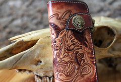 Handmade biker wallet brown leather Acala Fudo carved biker wallet chian bifold Long wallet for men - EverHandmade