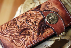 Handmade biker wallet brown leather Acala Fudo carved biker wallet chian bifold Long wallet for men - EverHandmade