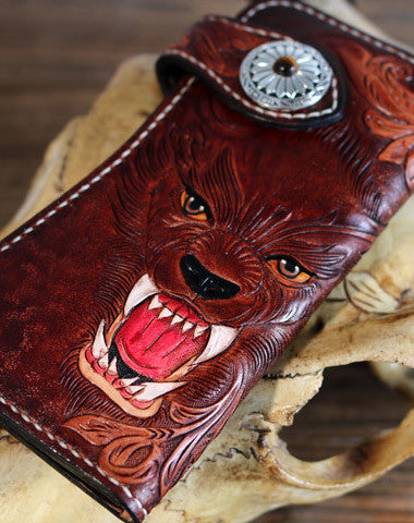 Handmade biker trucker Tooled wallet leather chain men wolf carved leather long wallet for men him - EverHandmade