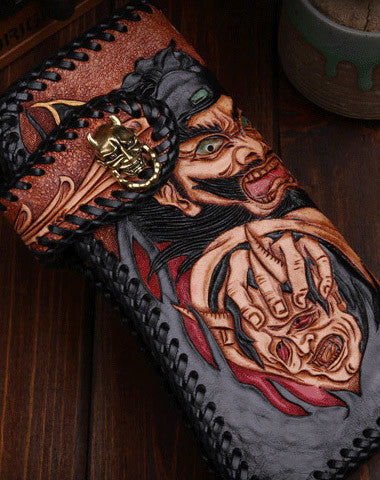 Handmade leather Tooled Chain biker Wallet trucker Chinese Devil Hunter wallet leather chain men Long Black Carved Tooled wallet - EverHandmade