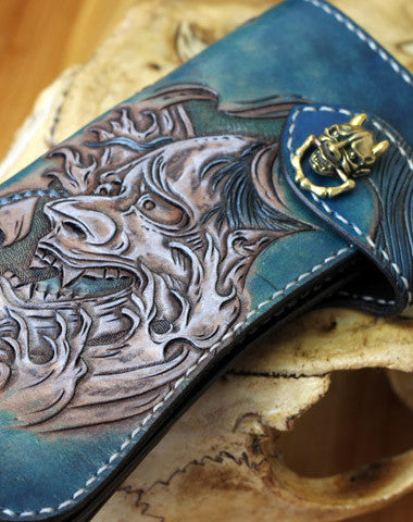 Handmade biker wallet blue leather prajna carved men biker wallet bifold Long wallet for men - EverHandmade