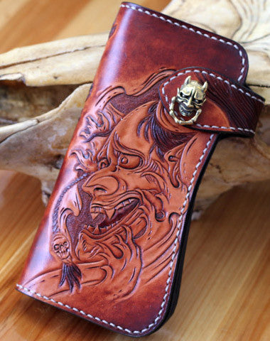 Handmade biker wallet brown leather prajna carved men biker wallet bifold Long wallet for men - EverHandmade