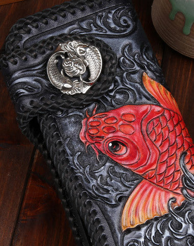 Handmade leather Long Black biker trucker wallet leather chain men red carp Carved Tooled wallet - EverHandmade