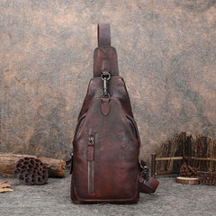 Brown Mens Sling Bag Vintage Leather Chest Bag Crossbody Pack for Men