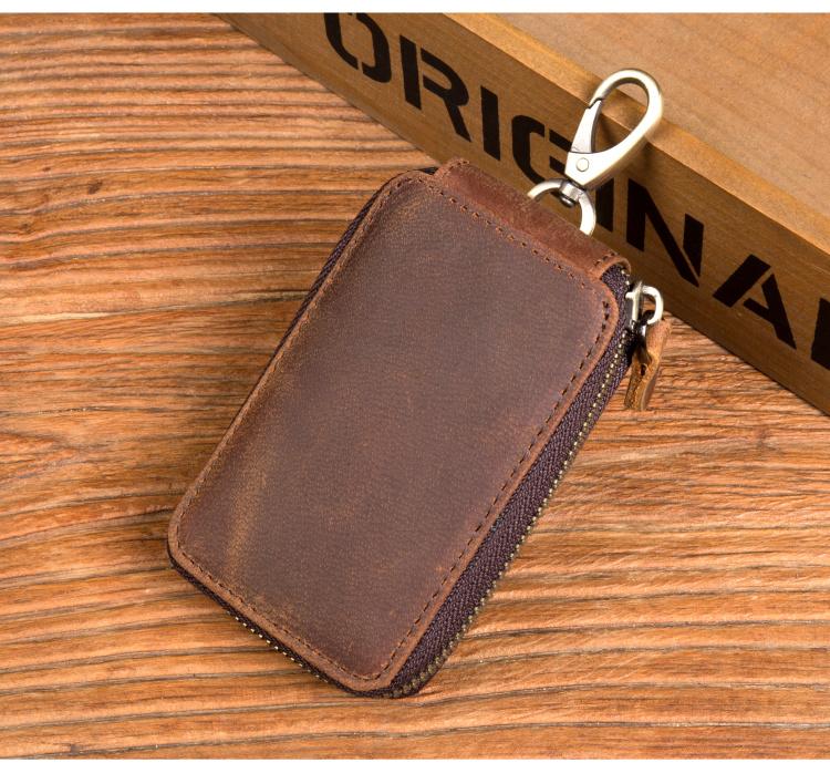 Brown Leather Mens Small Car Key Wallet Brown Key Holder Coin Purse Br