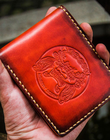 Handmade leather billfold lion wallet clutch zip long wallet brown leather men - EverHandmade