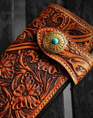 Handmade leather biker trucker wallet brown floral leather chain men Carved Tooled wallet - EverHandmade