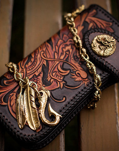 Handmade black brown leather floral Chinese dragon carved biker wallet Long wallet for men - EverHandmade