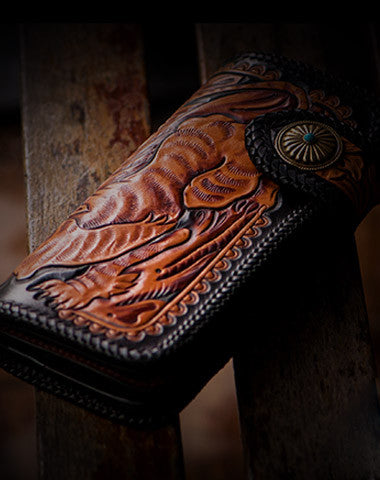 Handmade black brown leather floral tiger carved biker wallet Long wallet clutch for men - EverHandmade