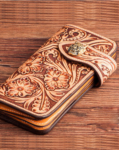 Handmade brown leather floral carved men biker wallet Long wallet clutch for men - EverHandmade