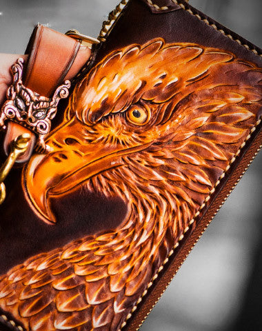 Handmade leather eagle Tooled biker chain wallet long wallet leather men - EverHandmade