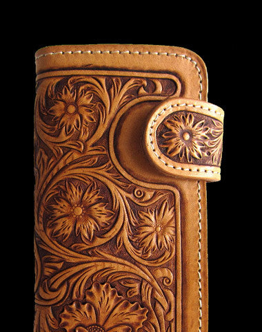 Handmade brown beige leather floral carved biker wallet Long wallet clutch for men - EverHandmade