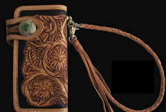 Handmade black tan leather floral carved biker wallet Long wallet clutch for men - EverHandmade