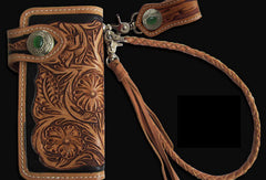 Handmade black tan leather floral carved biker wallet Long wallet clutch for men - EverHandmade