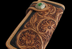 Handmade black tan leather floral carved biker wallet Long wallet clutch for men - EverHandmade