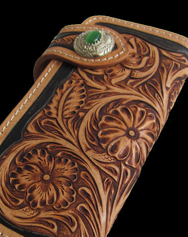 Handmade black tan leather floral carved biker wallet Long wallet clutch for men - EverHandmade