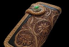 Handmade black tan leather floral carved biker wallet Long wallet clutch for men - EverHandmade