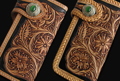 Handmade black tan leather floral carved biker wallet Long wallet clutch for men - EverHandmade