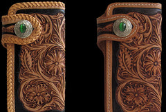 Handmade black tan leather floral carved biker wallet Long wallet clutch for men - EverHandmade