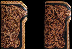 Handmade black tan leather floral carved biker wallet Long wallet clutch for men - EverHandmade